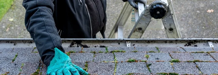 Person entfernt Moos von Dach